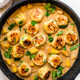 Hawaiian Chicken Meatballs with Pineapple Coconut Sauce over rice