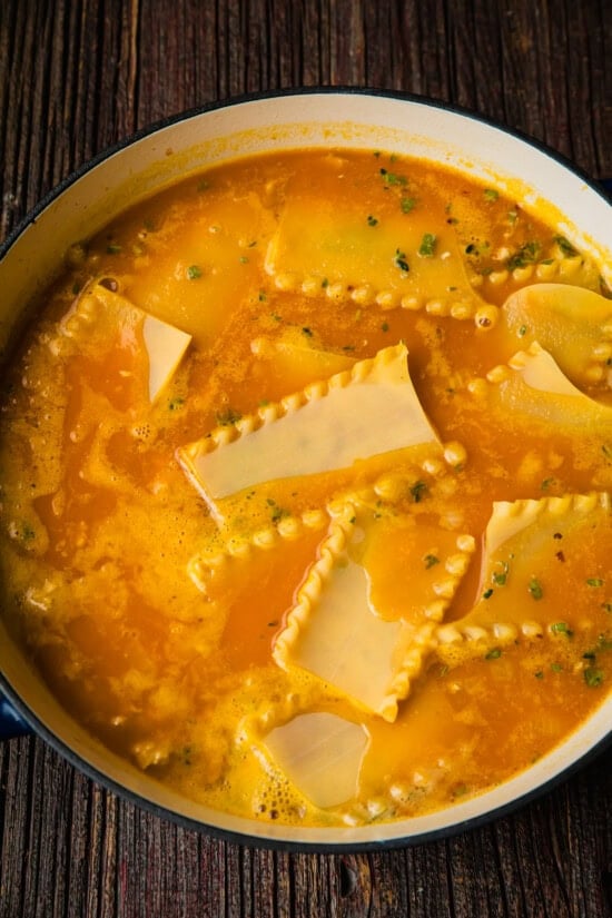 Add the broken lasagna noodles