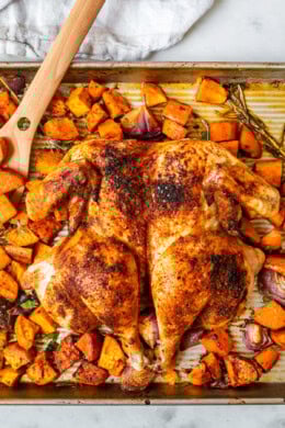 Sheet Pan Spatchcock Chicken with Sweet Potatoes