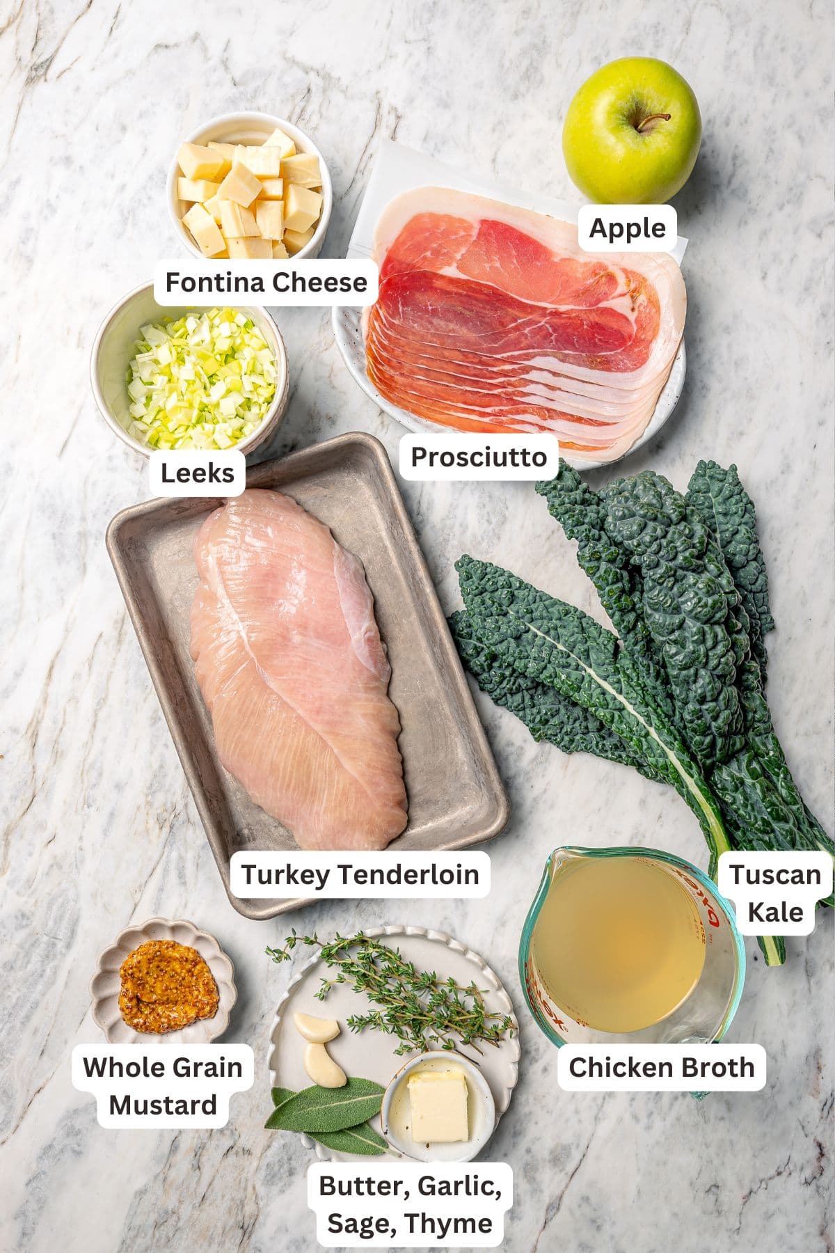 Ingredients for prosciutto-wrapped stuffed turkey tenderloin recipe.