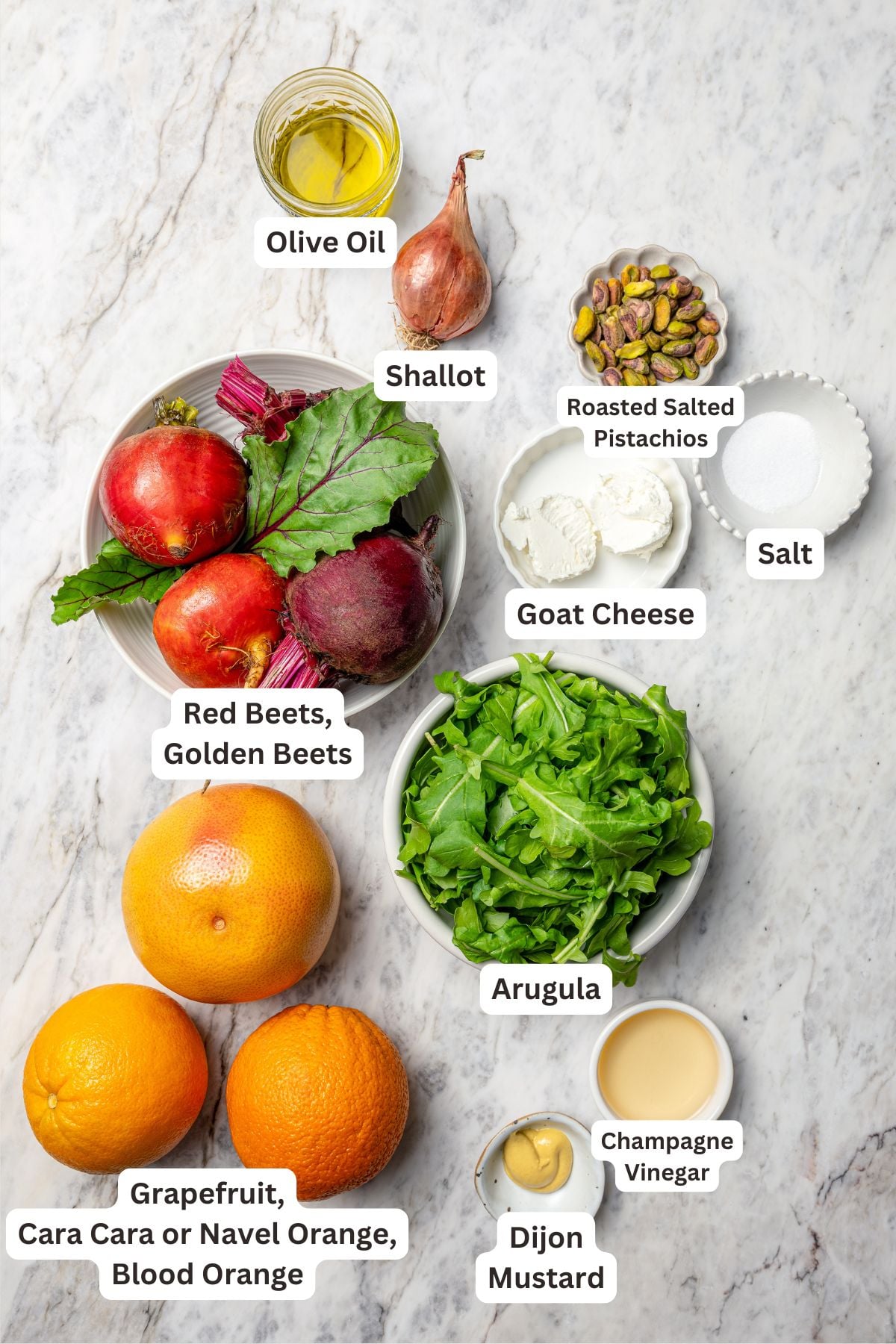 Ingredients for roasted beet and citrus salad with labels.