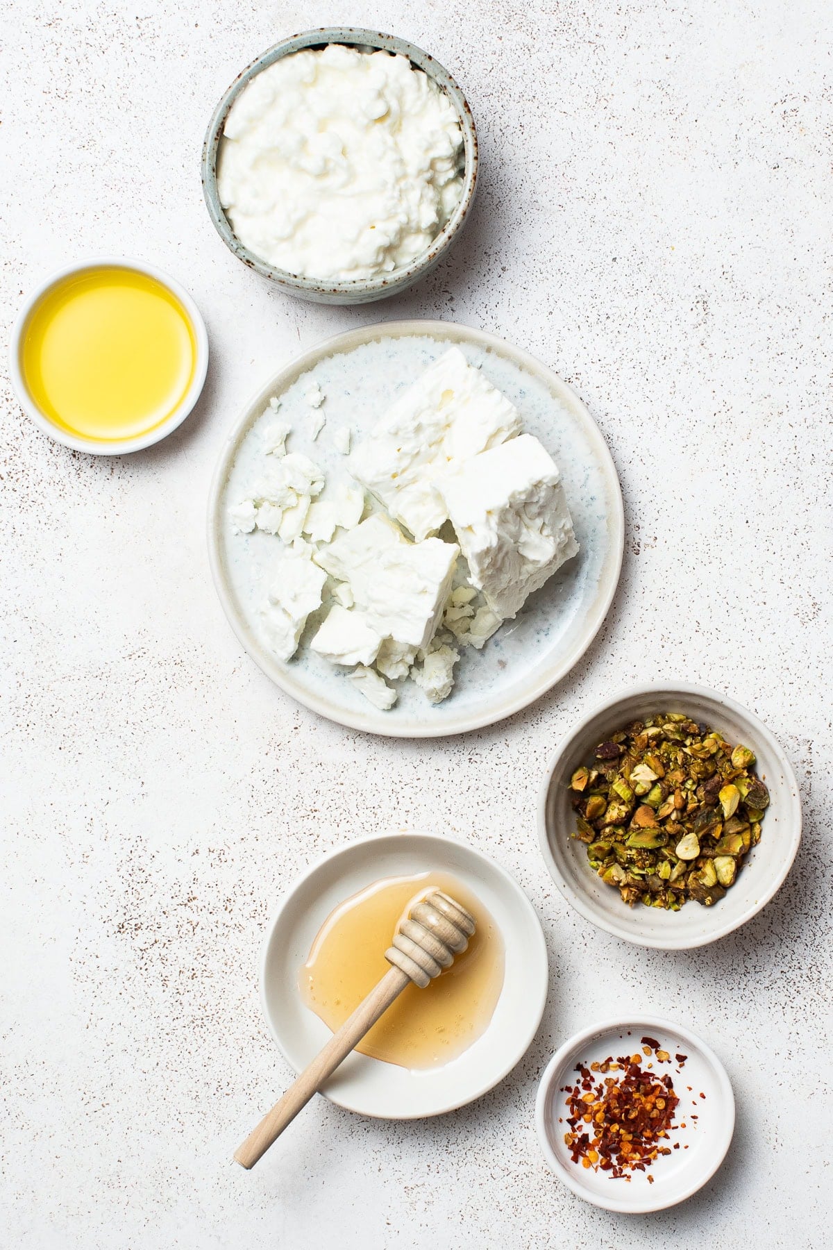 Ingredients for Whipped Feta Dip with hot honey and cottage cheese