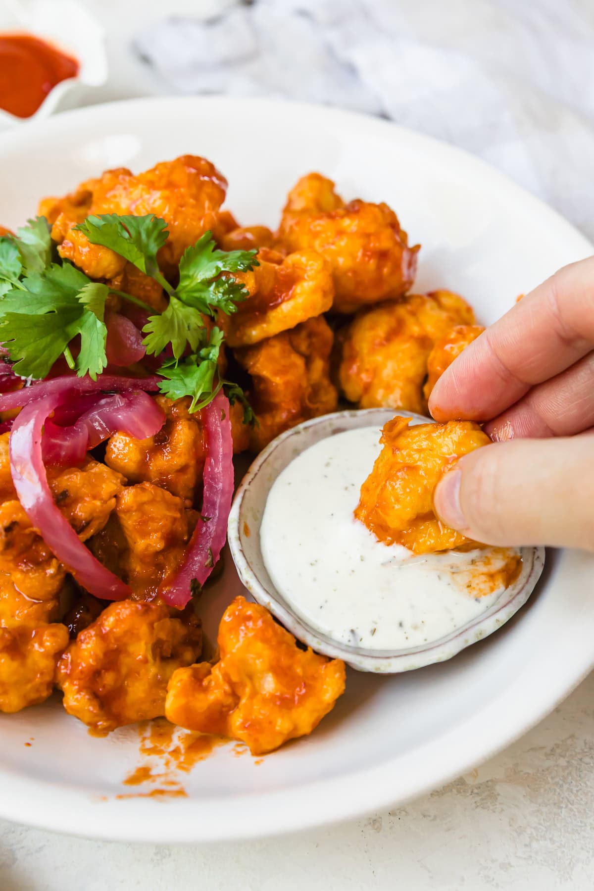 Air Fryer Cauliflower Wings with Honey Sriracha and dipping sauce